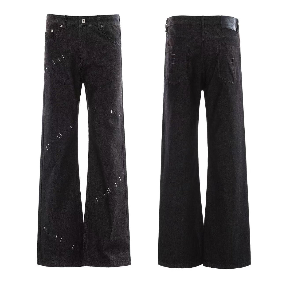 Hand Stitch Decor Black Washed Flare Jeans