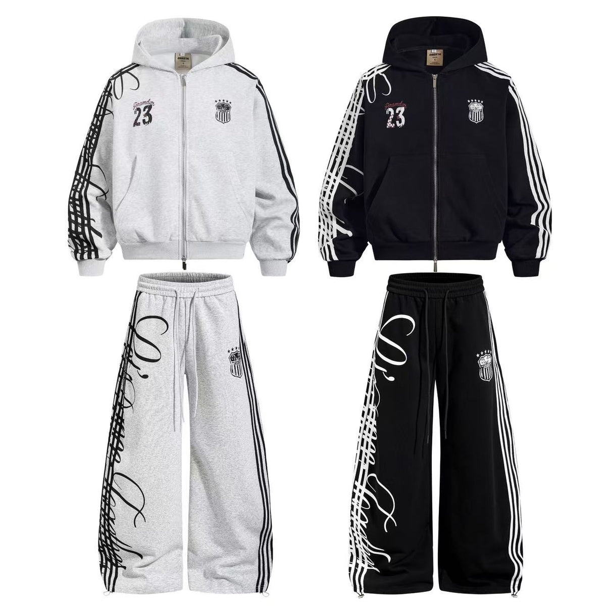 (Pre-Sell) 3-Striped Sleeve Graffiti 23 Crest Print Zip Up Hoodie