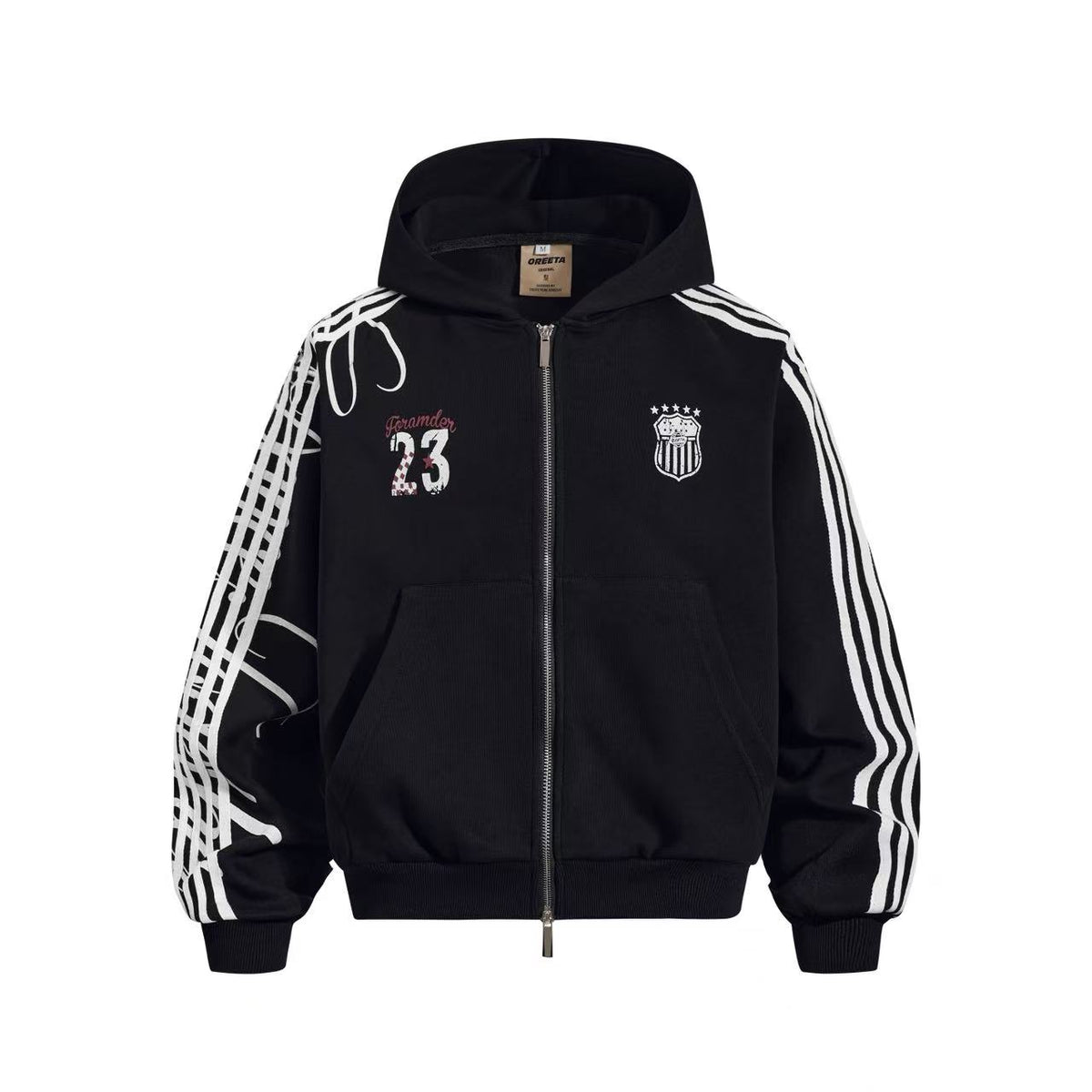 (Pre-Sell) 3-Striped Sleeve Graffiti 23 Crest Print Zip Up Hoodie