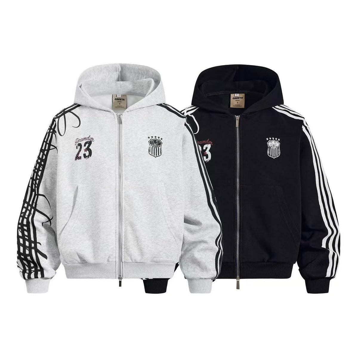 (Pre-Sell) 3-Striped Sleeve Graffiti 23 Crest Print Zip Up Hoodie