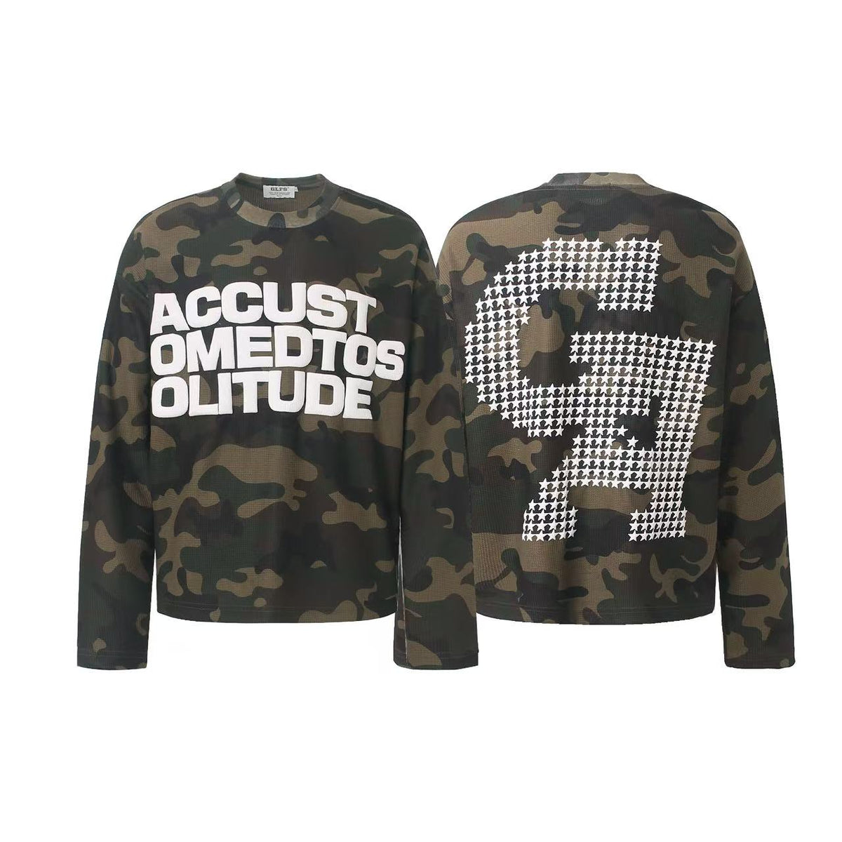 Vintage Camo Front & Back Letter Graphic Waffle Knit Long Sleeve