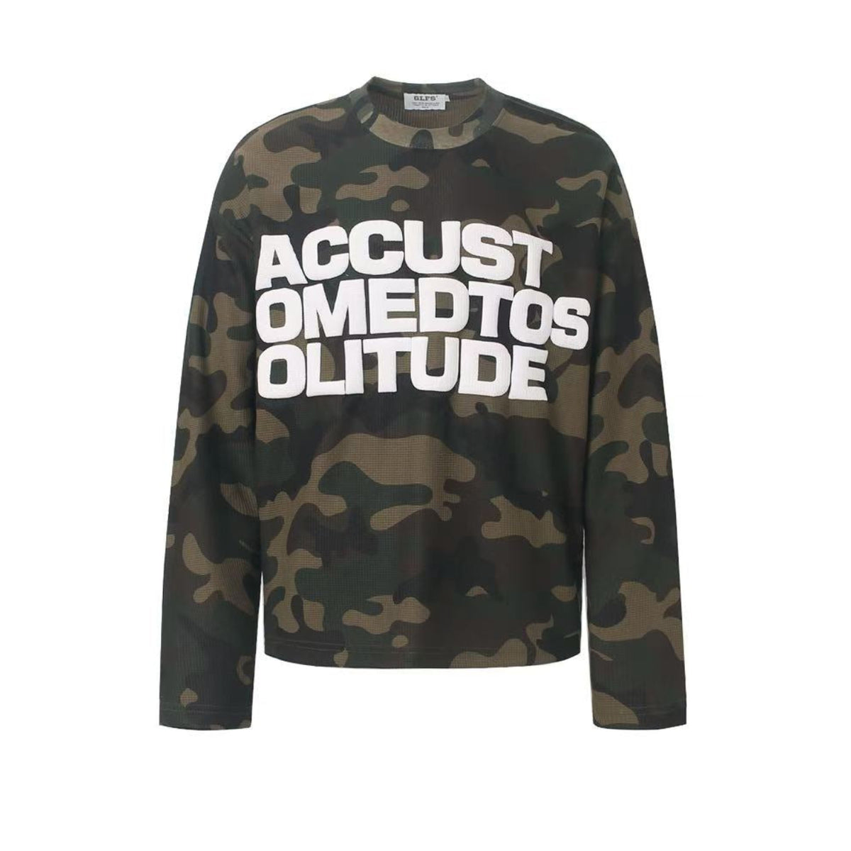 Vintage Camo Front & Back Letter Graphic Waffle Knit Long Sleeve