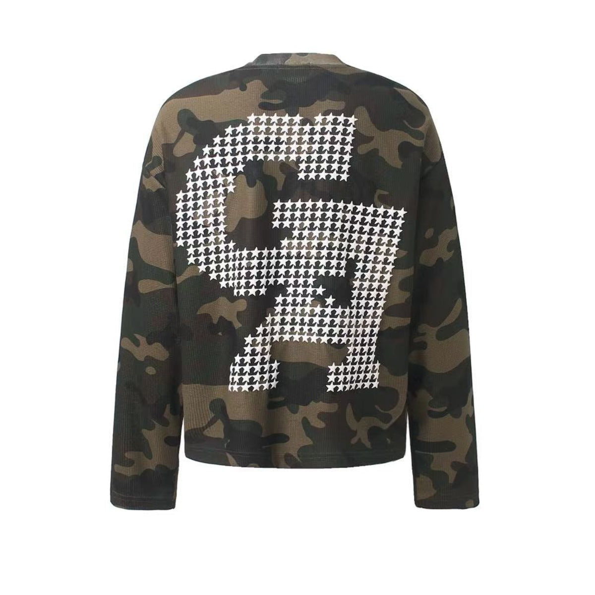Vintage Camo Front & Back Letter Graphic Waffle Knit Long Sleeve