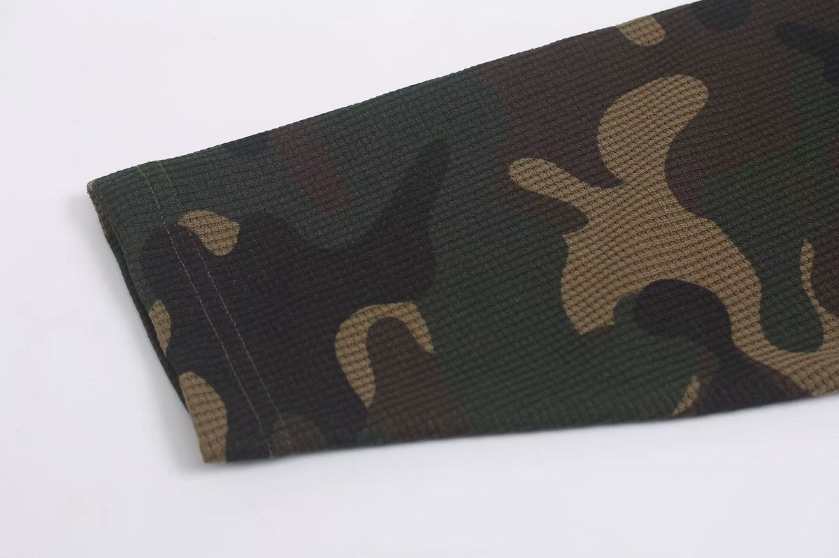 Vintage Camo Front & Back Letter Graphic Waffle Knit Long Sleeve