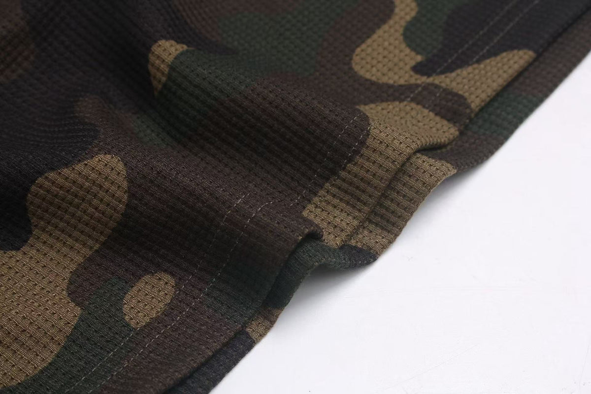 Vintage Camo Front & Back Letter Graphic Waffle Knit Long Sleeve