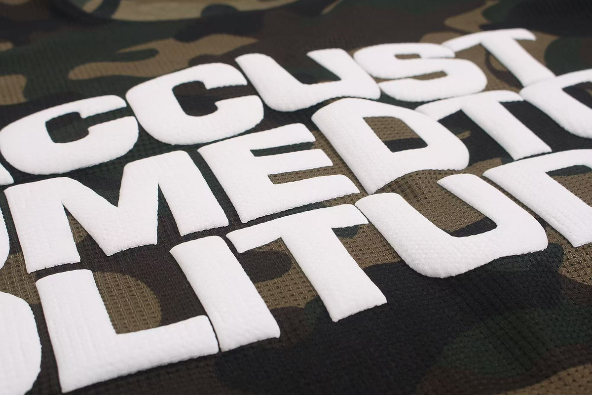 Vintage Camo Front & Back Letter Graphic Waffle Knit Long Sleeve
