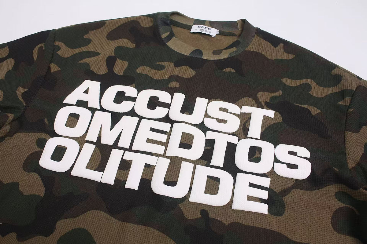 Vintage Camo Front & Back Letter Graphic Waffle Knit Long Sleeve