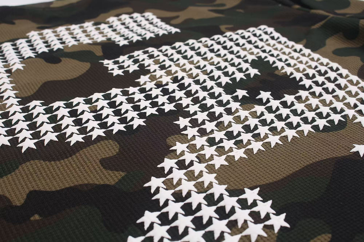 Vintage Camo Front & Back Letter Graphic Waffle Knit Long Sleeve