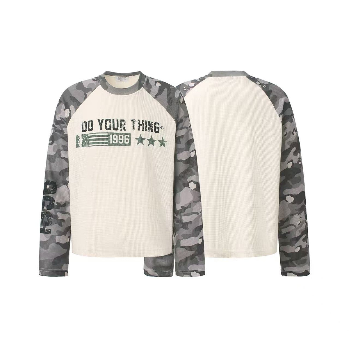 Camo Raglan Waffle Knit Letter Print Long Sleeve