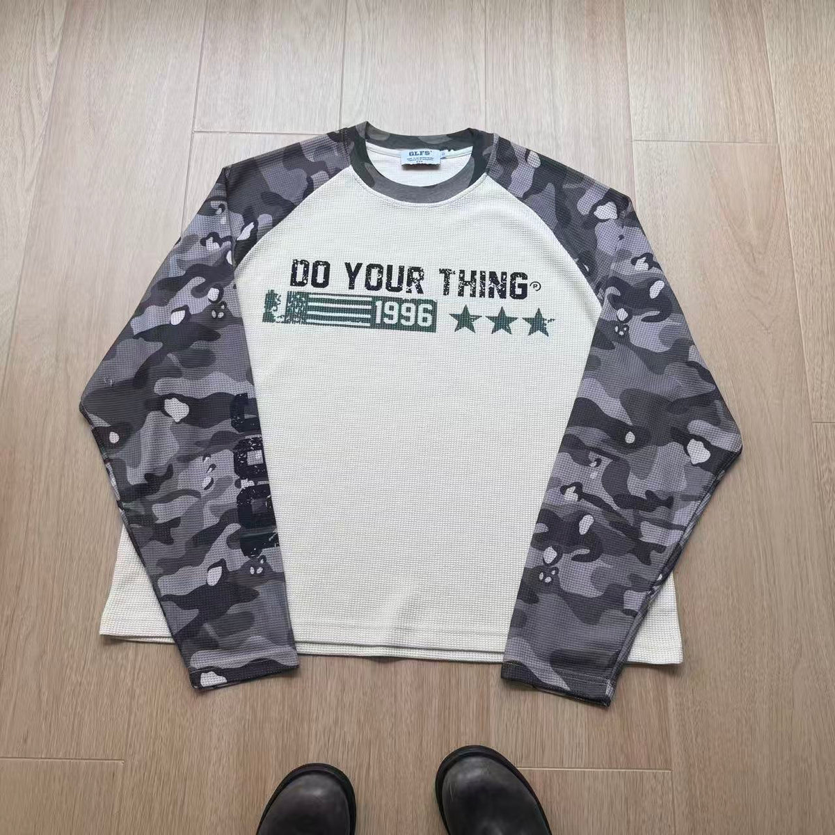 Camo Raglan Waffle Knit Letter Print Long Sleeve