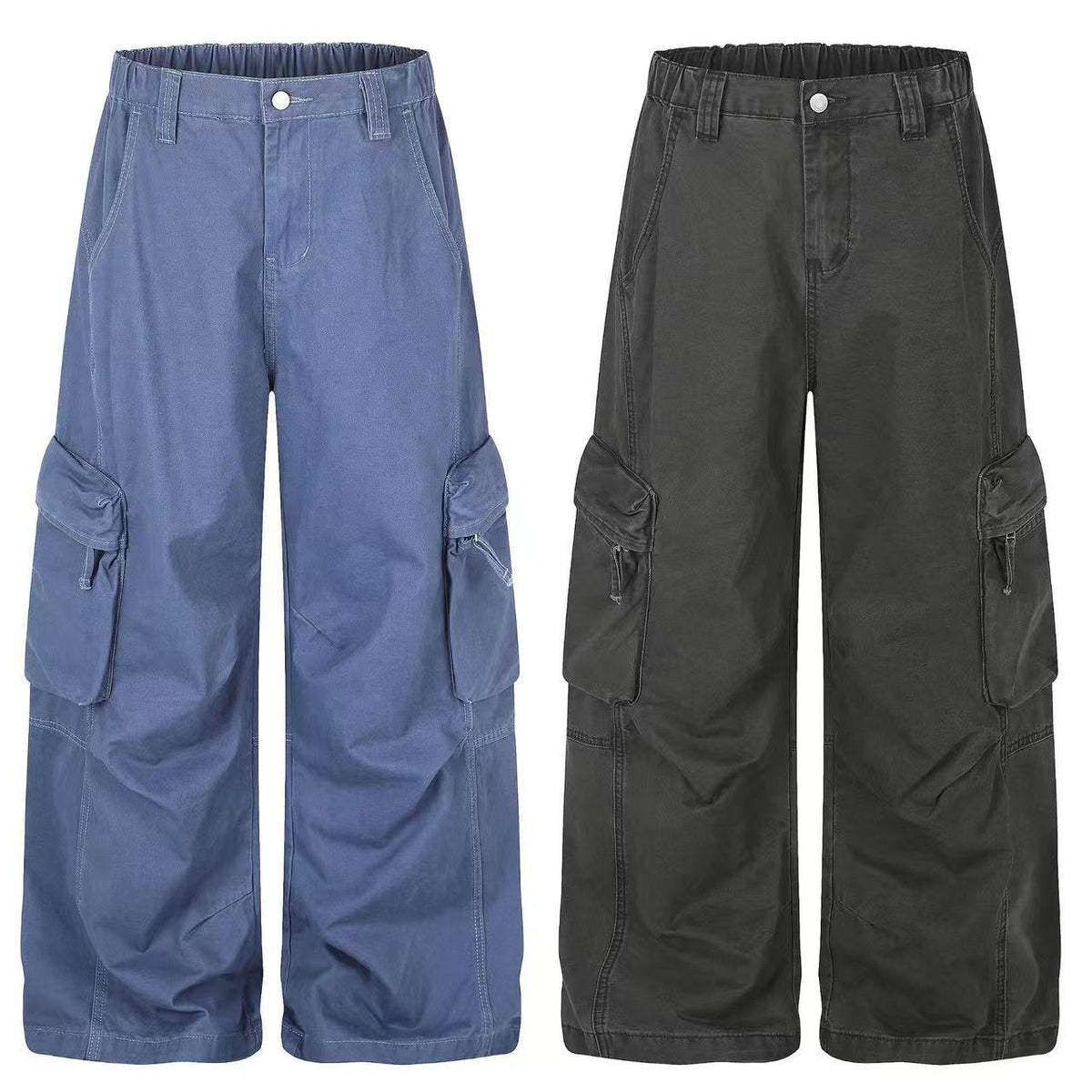 Washed Elastic Back Waist Side Flap Pocket Wide Leg Cargo Pants