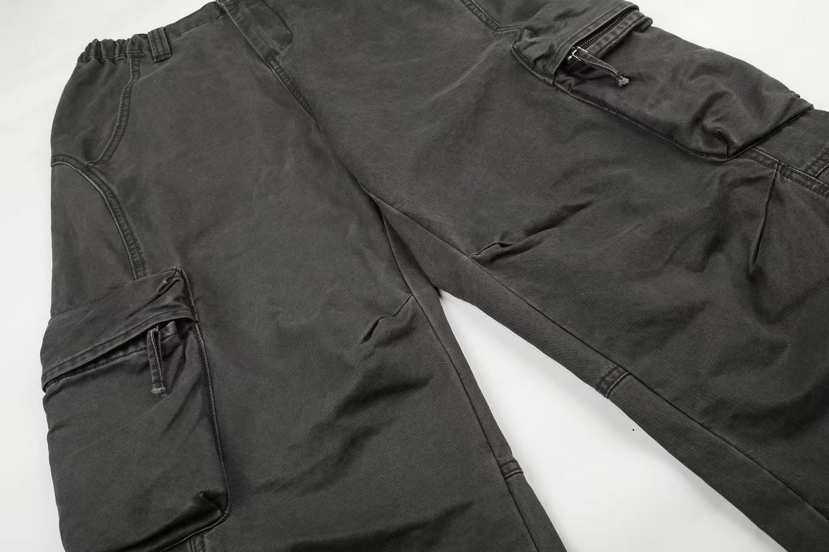Washed Elastic Back Waist Side Flap Pocket Wide Leg Cargo Pants