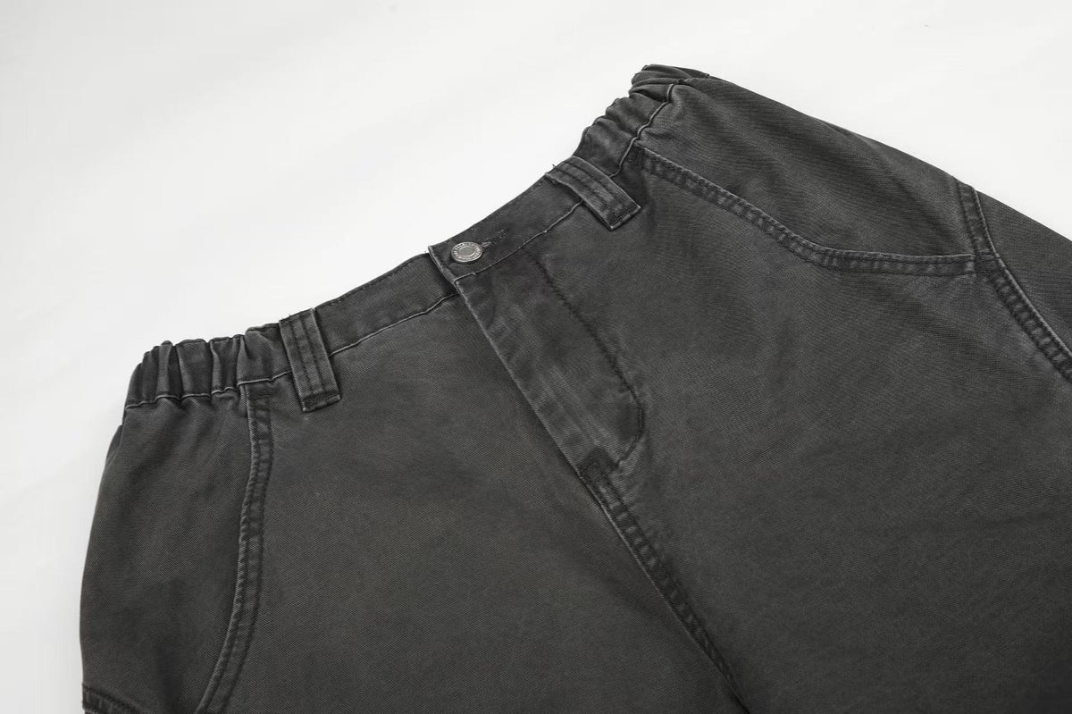 Washed Elastic Back Waist Side Flap Pocket Wide Leg Cargo Pants
