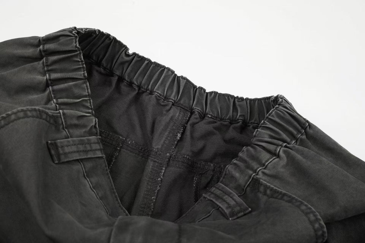 Washed Elastic Back Waist Side Flap Pocket Wide Leg Cargo Pants