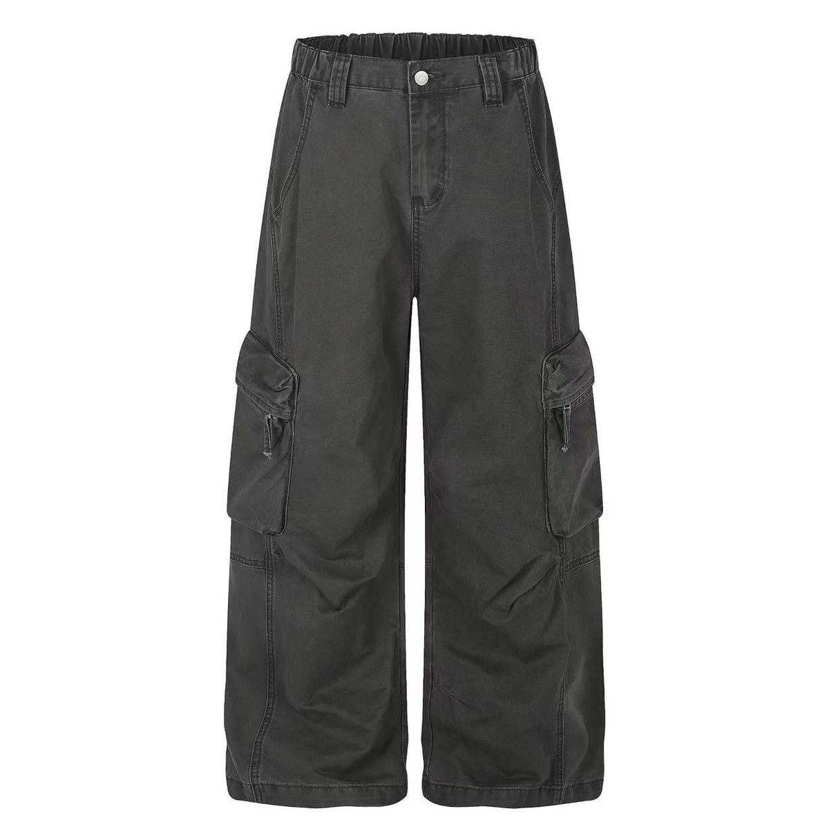 Washed Elastic Back Waist Side Flap Pocket Wide Leg Cargo Pants