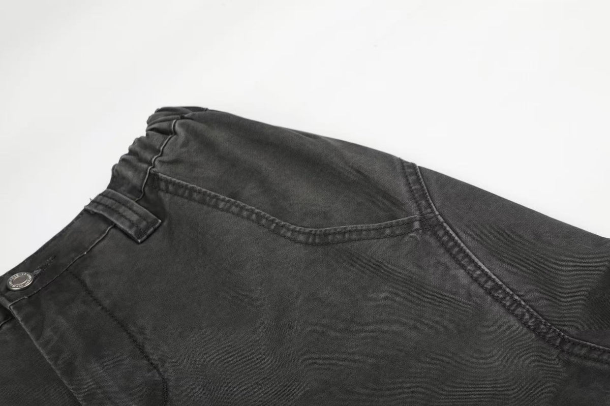 Washed Elastic Back Waist Side Flap Pocket Wide Leg Cargo Pants