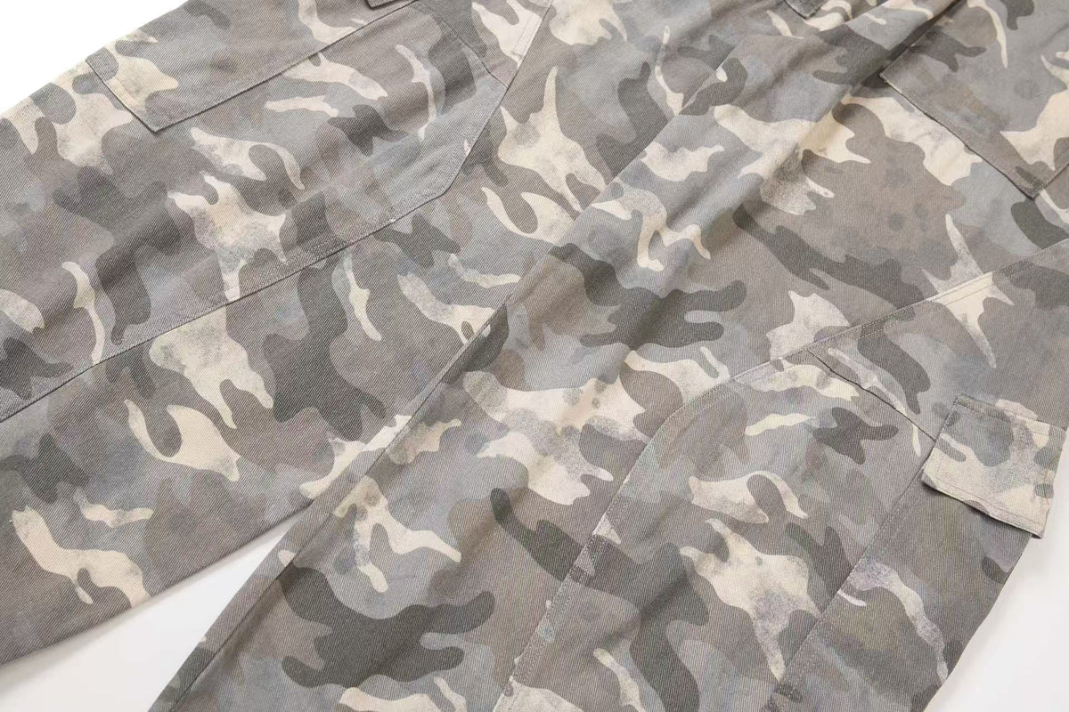 Snow Camo Seam Panel Multi-Pocket Baggy Wide Leg Cargo Pants