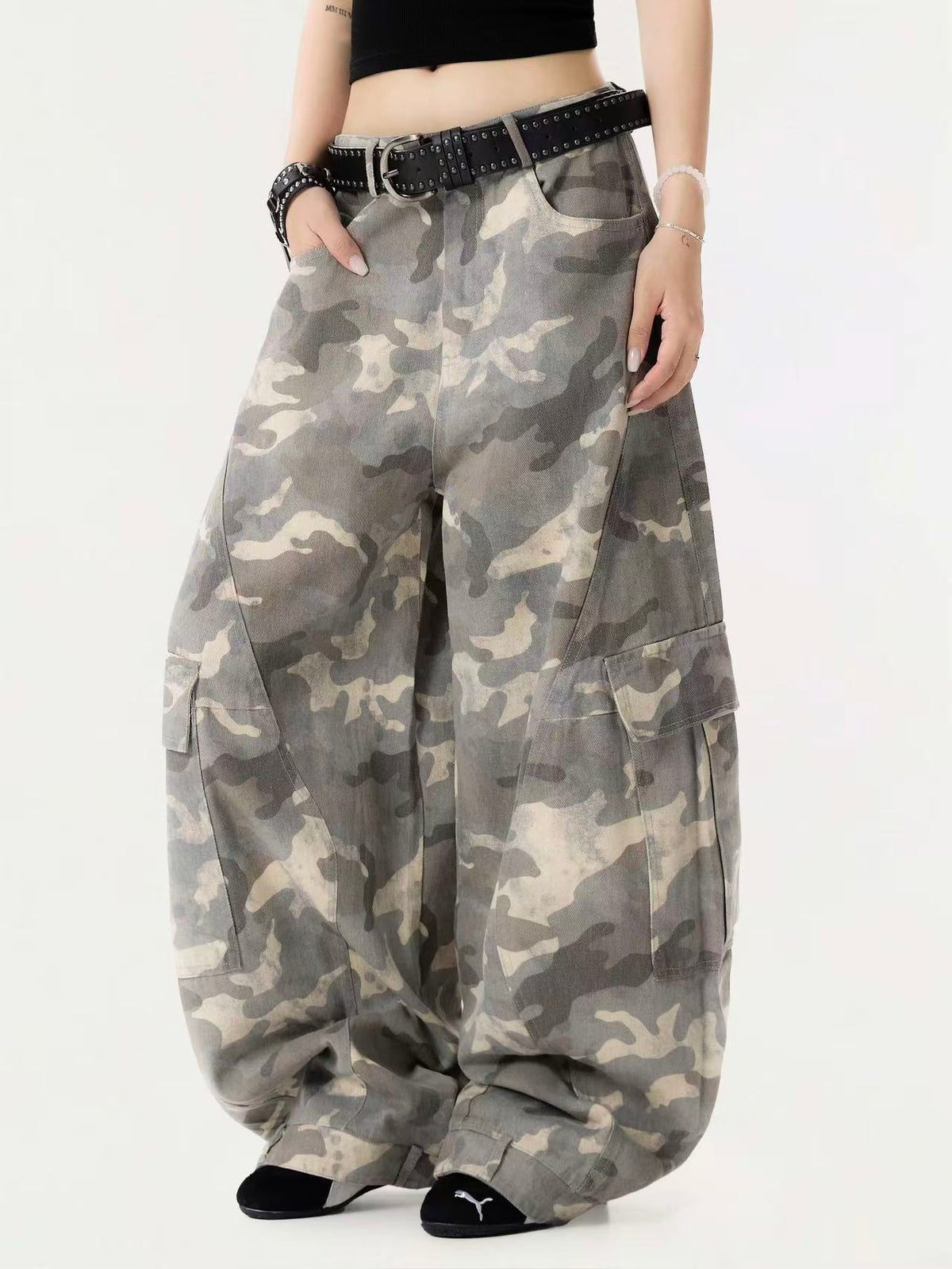 Snow Camo Seam Panel Multi-Pocket Baggy Wide Leg Cargo Pants