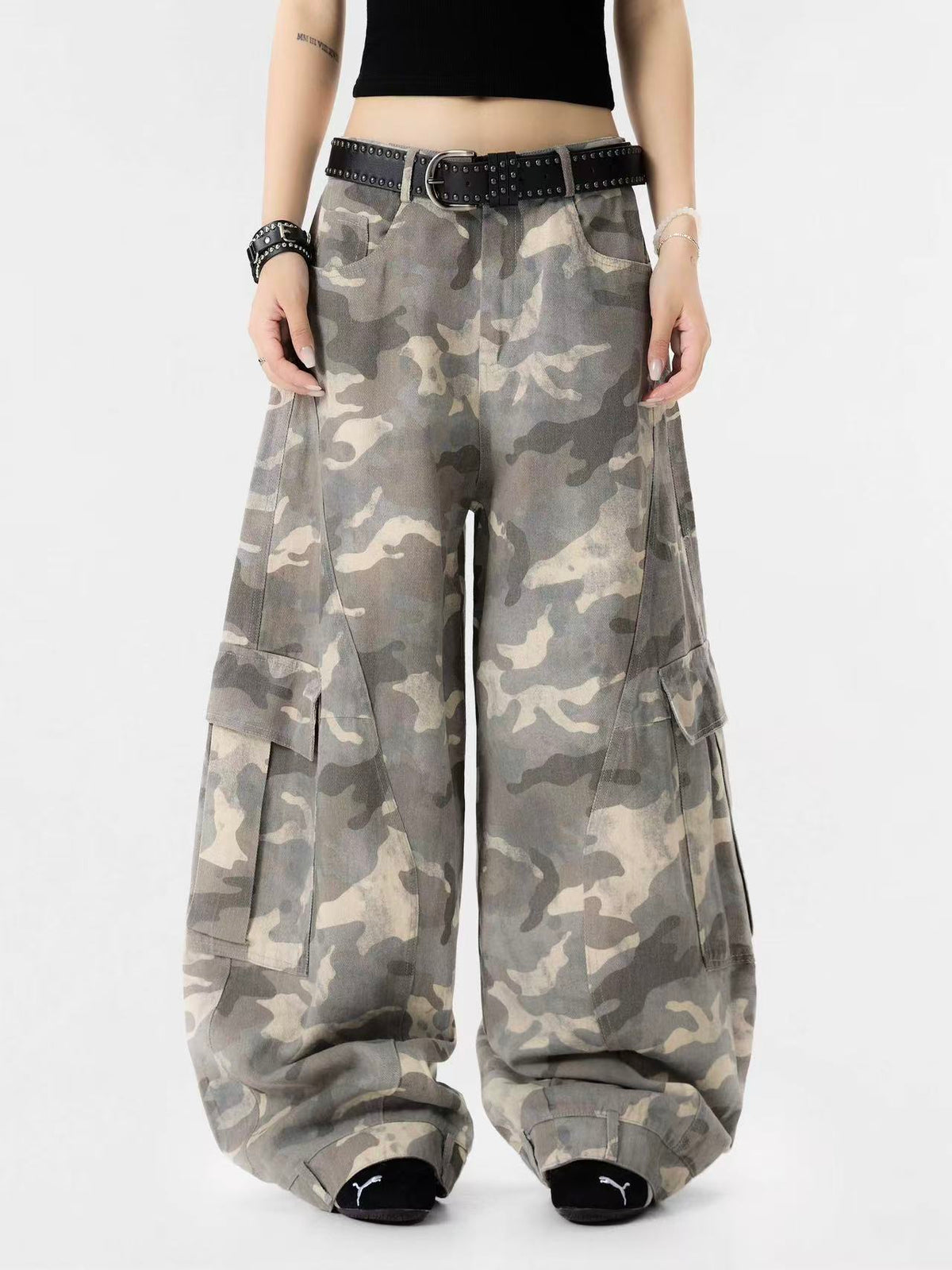 Snow Camo Seam Panel Multi-Pocket Baggy Wide Leg Cargo Pants