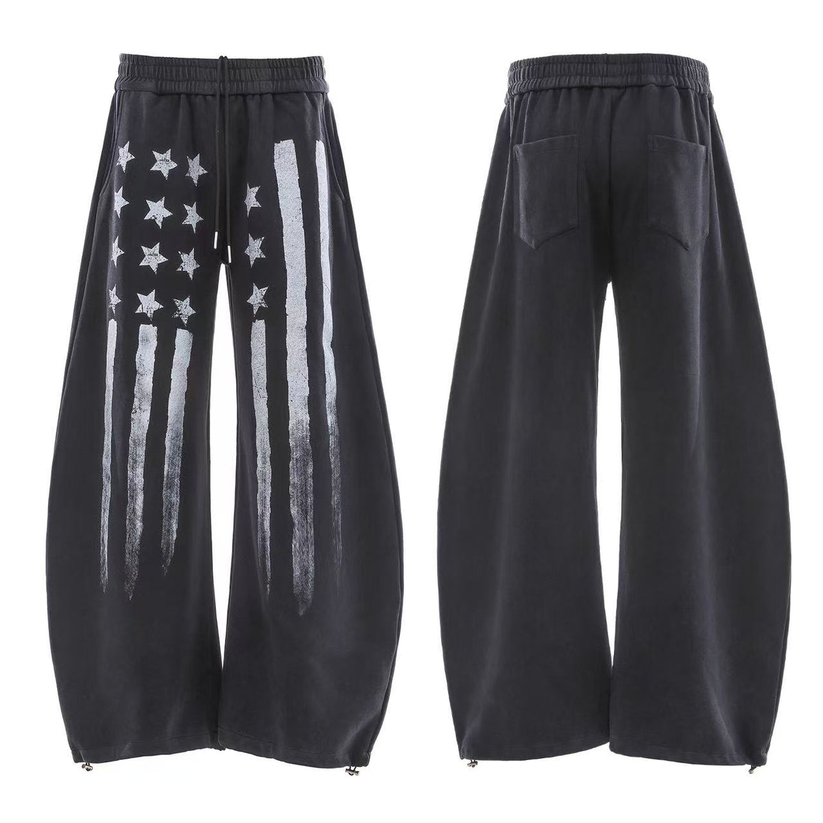 Streetwear Washed Stars and Stripes Print Wide-Leg Sweatpants