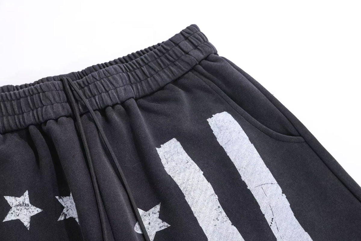 Streetwear Washed Stars and Stripes Print Wide-Leg Sweatpants