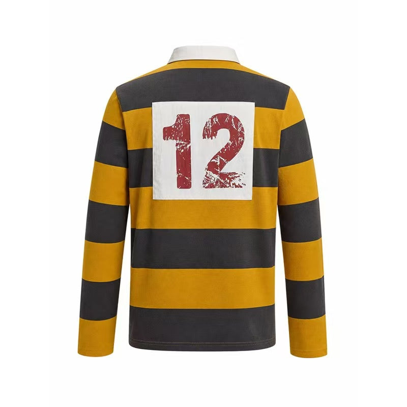 Vintage Block Stripe Number 12 Graphic Rugby Polo Long Sleeve