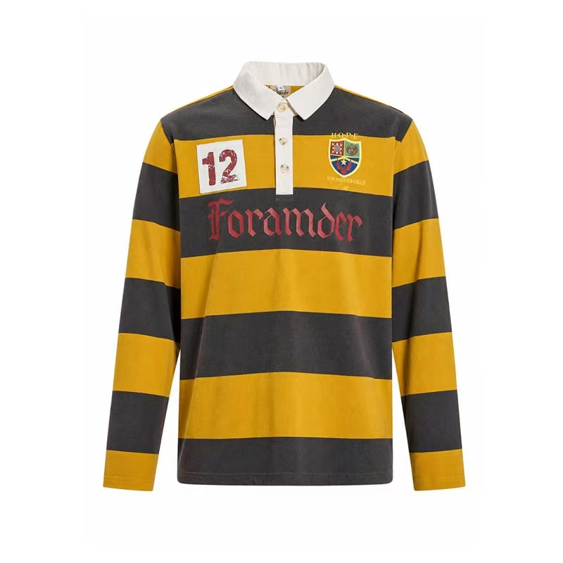 Vintage Block Stripe Number 12 Graphic Rugby Polo Long Sleeve