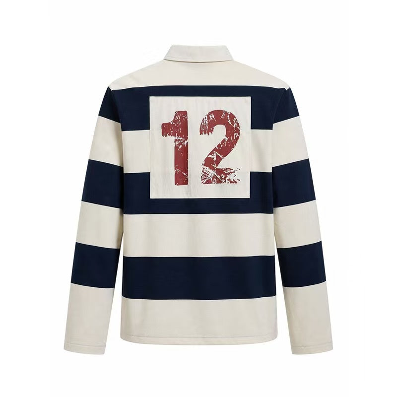 Vintage Block Stripe Number 12 Graphic Rugby Polo Long Sleeve