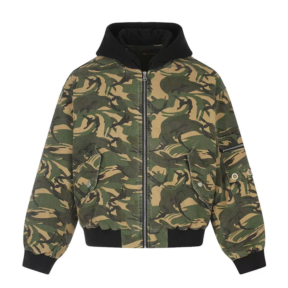 Vintage Camo Detachable Hood Bomber Jacket Zip‑Up Cargo Pocket Flight Jacket