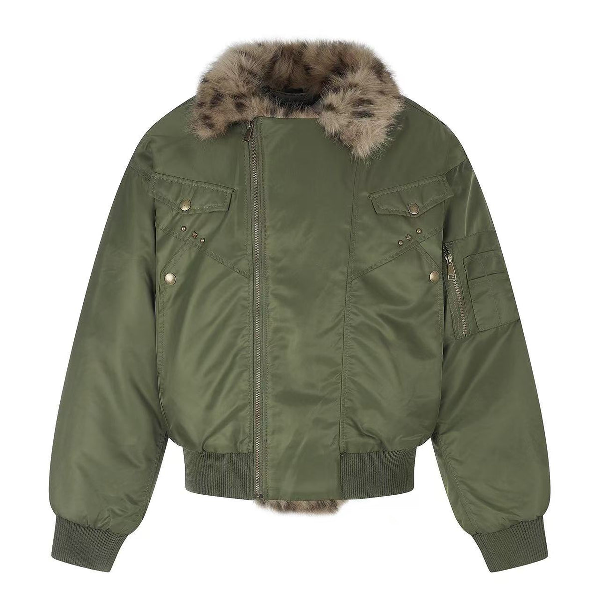 Olive Green Asymmetrical Zip Faux Leopard Fur Collar Bomber Jacket