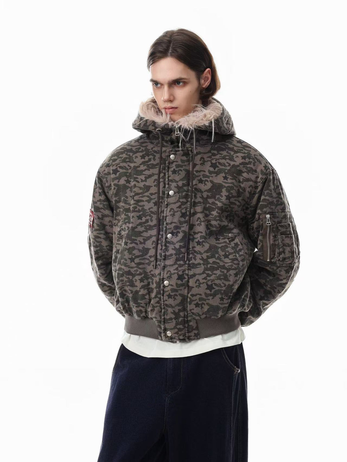 Star Camo Faux Fur Lined Hood Bomber Jacket