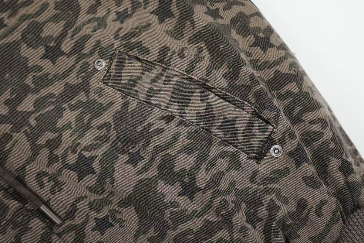 Star Camo Faux Fur Lined Hood Bomber Jacket