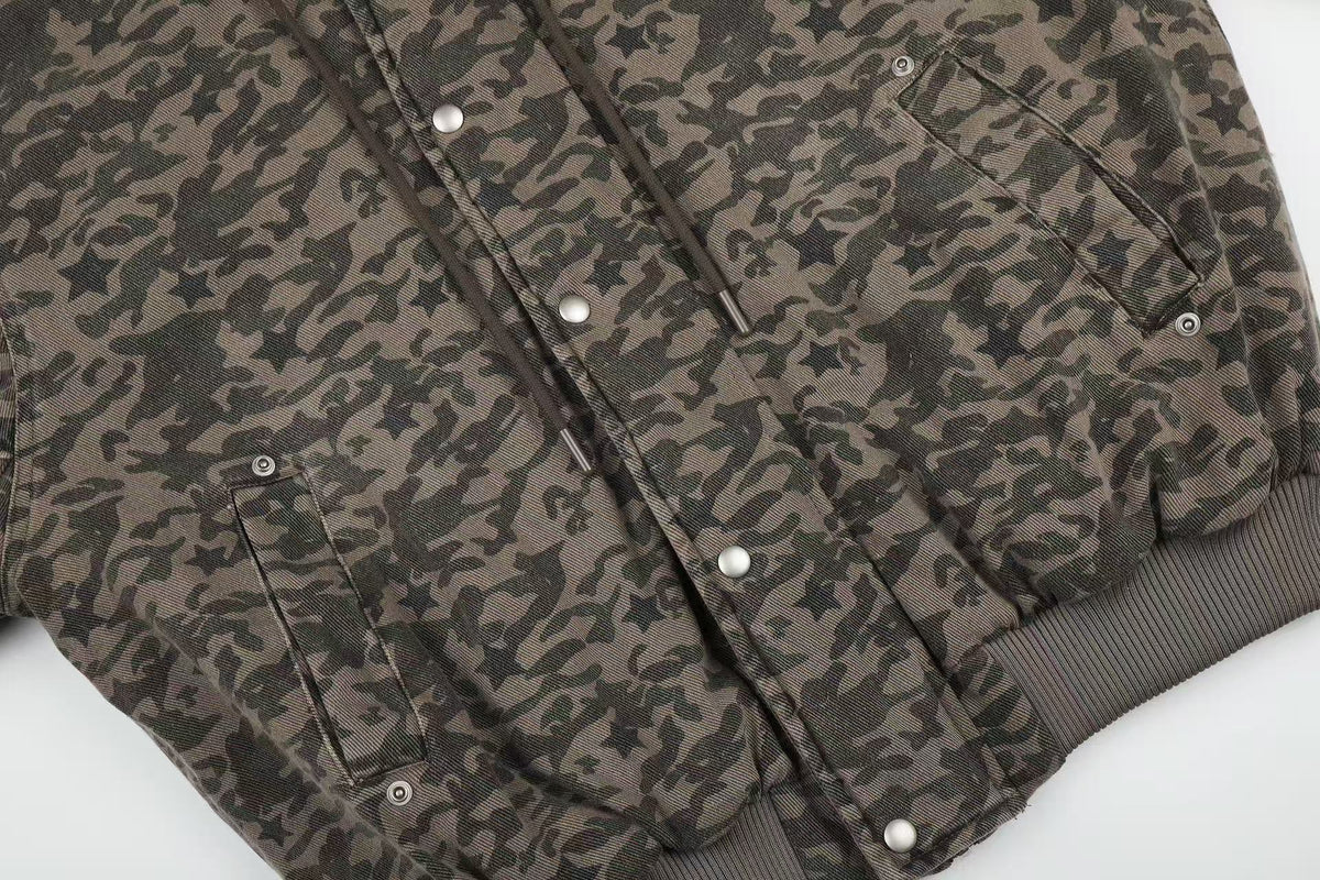 Star Camo Faux Fur Lined Hood Bomber Jacket