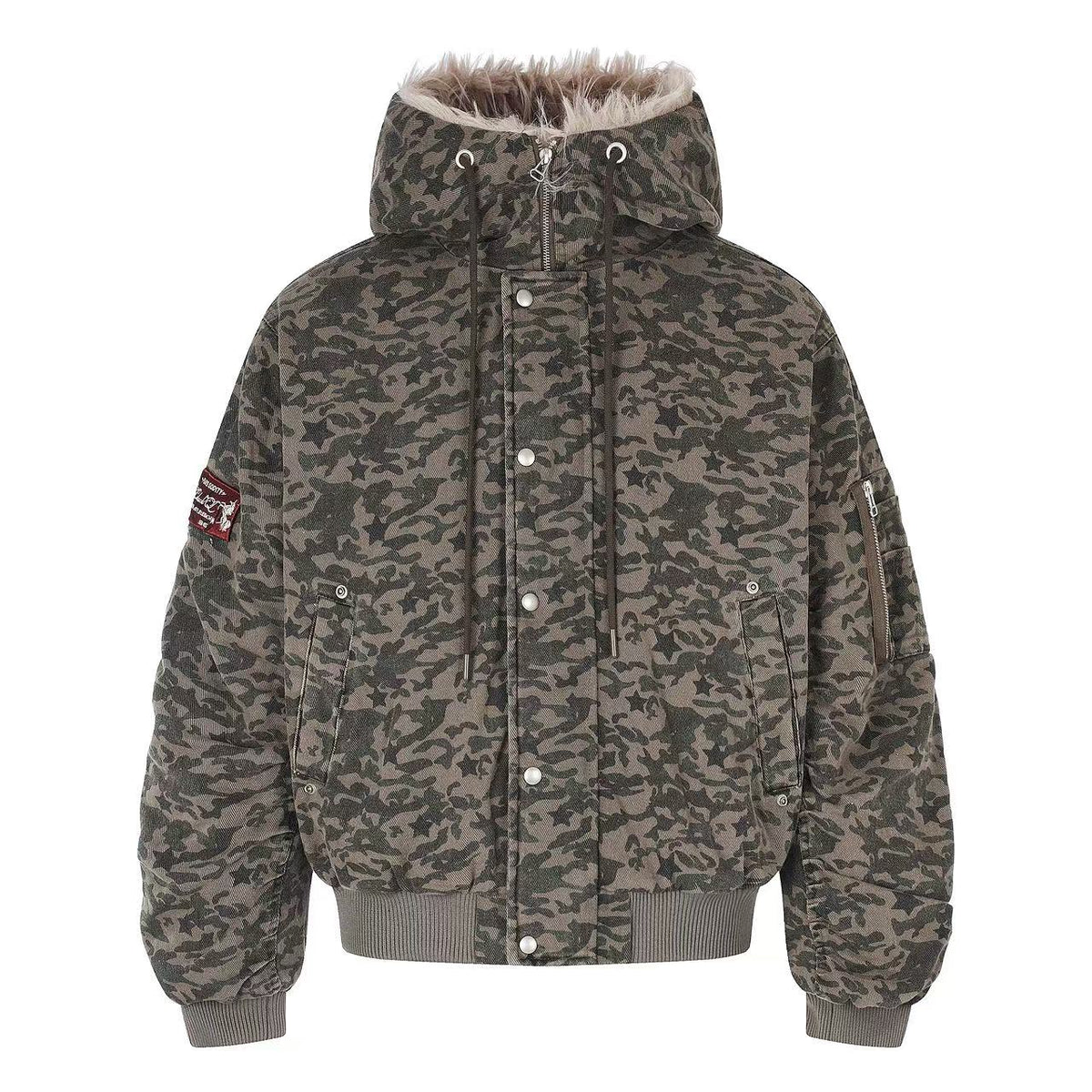 Star Camo Faux Fur Lined Hood Bomber Jacket