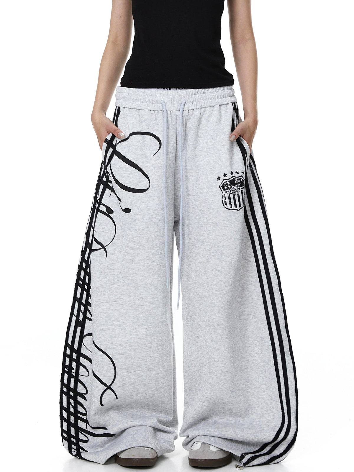 Cursive Script Side Stripe Wide-Leg Sweatpants