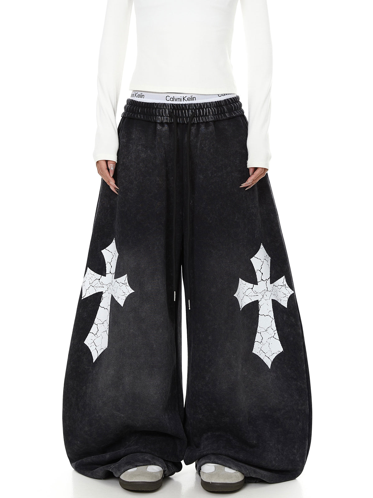 Washed Cracked Cross Baggy Wide-Leg Sweatpants