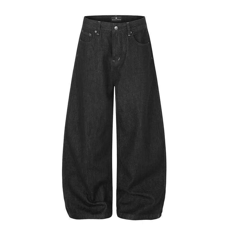 Vintage Star & Script Letter Print Black Baggy Wide Leg Jeans