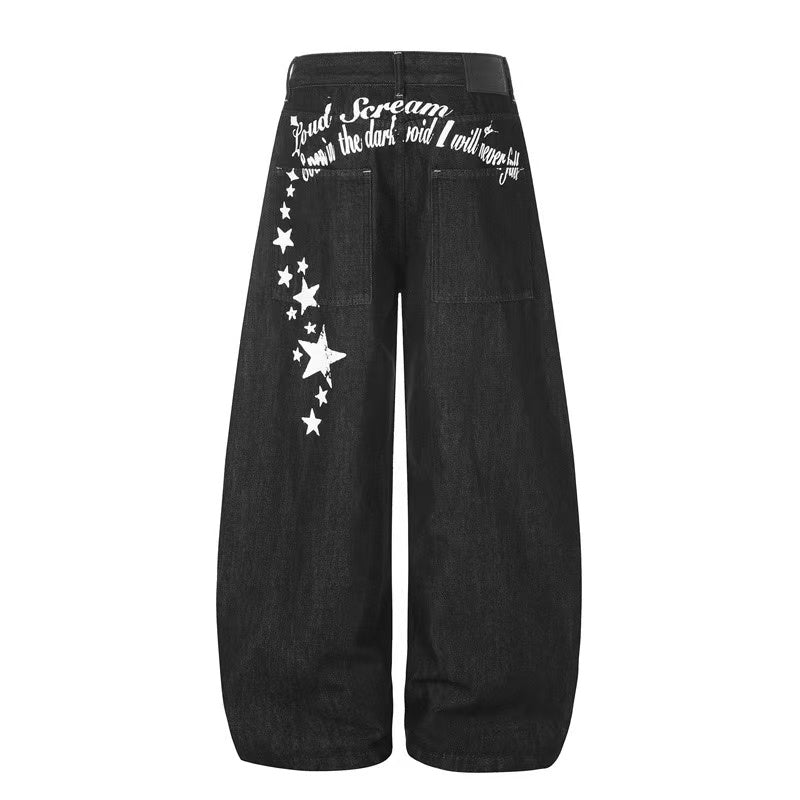 Vintage Star & Script Letter Print Black Baggy Wide Leg Jeans