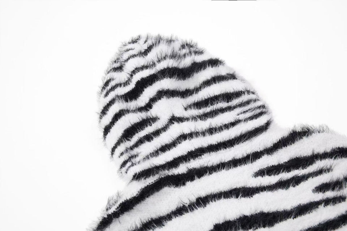 Zebra Stripe Fuzzy Zip Up Hooded Jacket