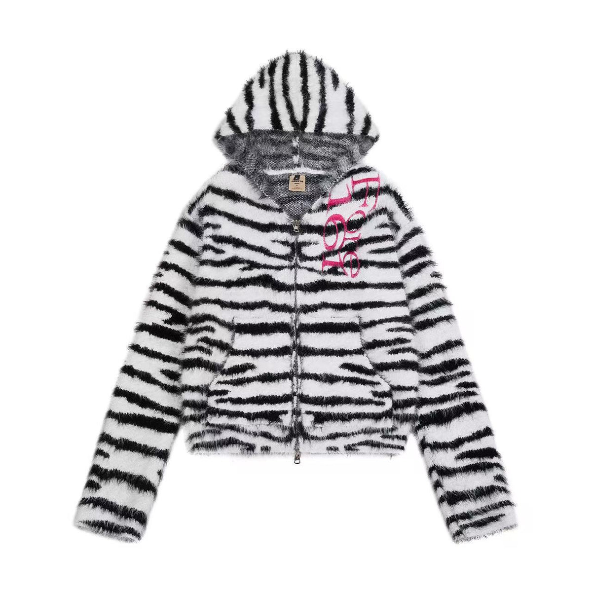 Zebra Stripe Fuzzy Zip Up Hooded Jacket