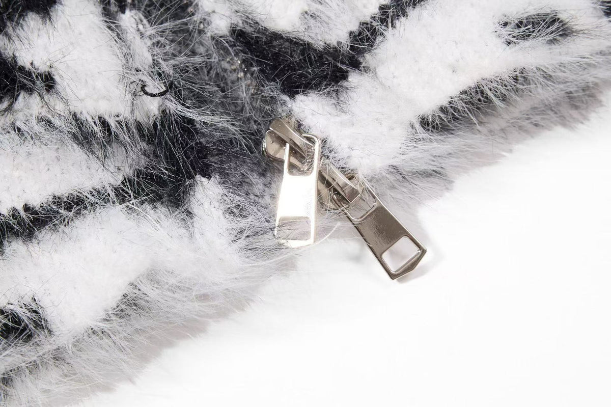 Zebra Stripe Fuzzy Zip Up Hooded Jacket