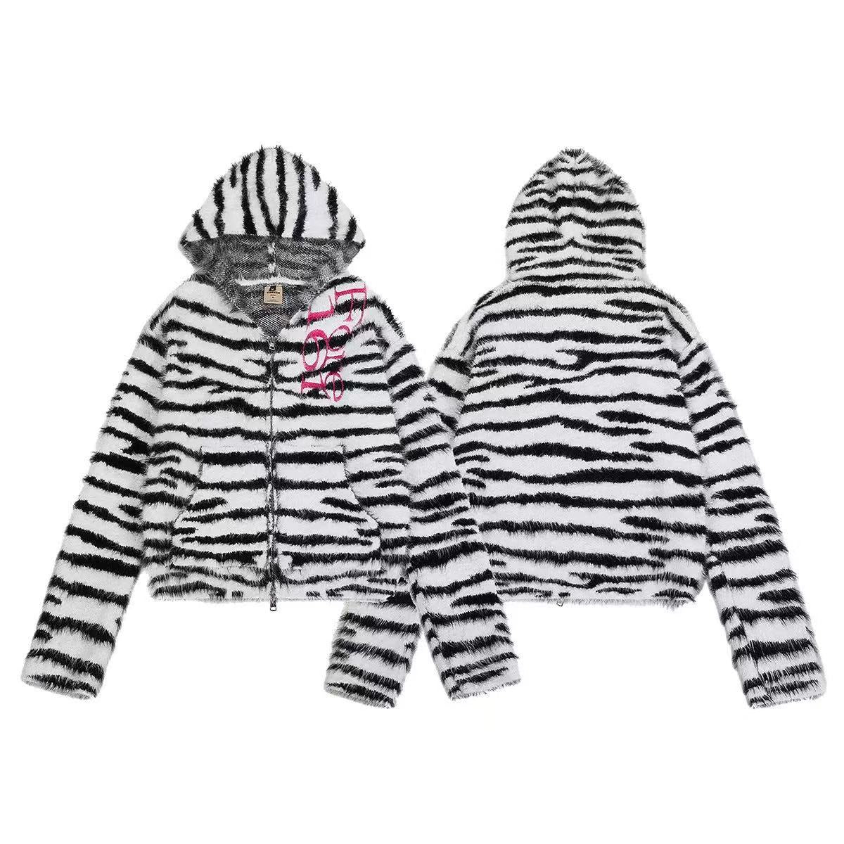 Zebra Stripe Fuzzy Zip Up Hooded Jacket