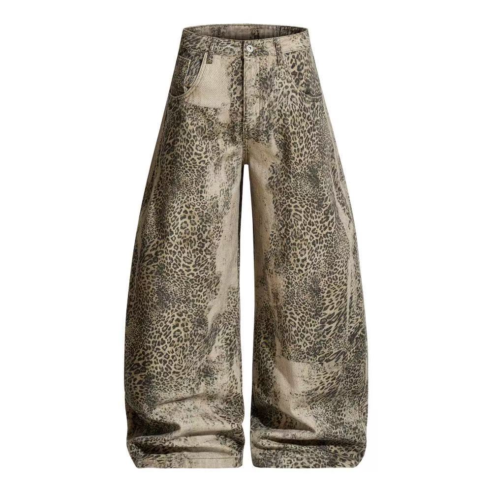 Vintage Leopard Print Baggy Wide Leg Jeans