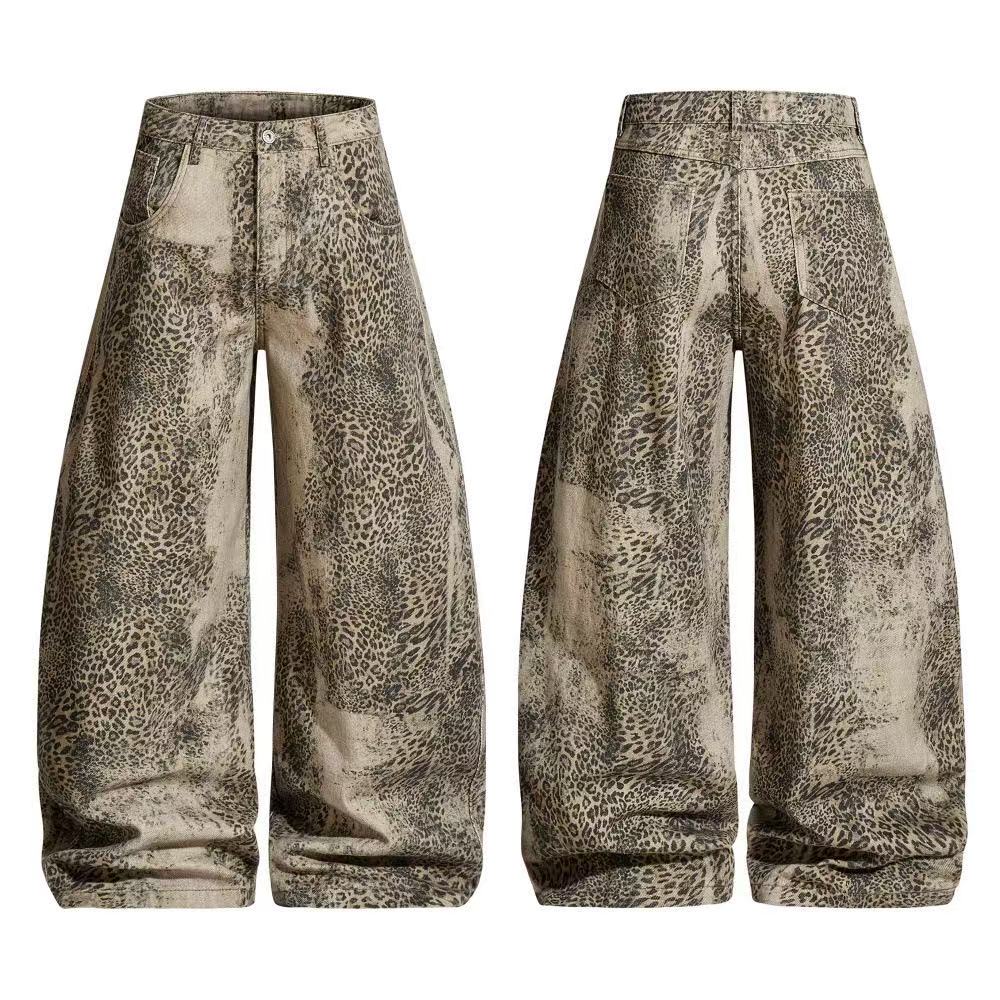 Vintage Leopard Print Baggy Wide Leg Jeans
