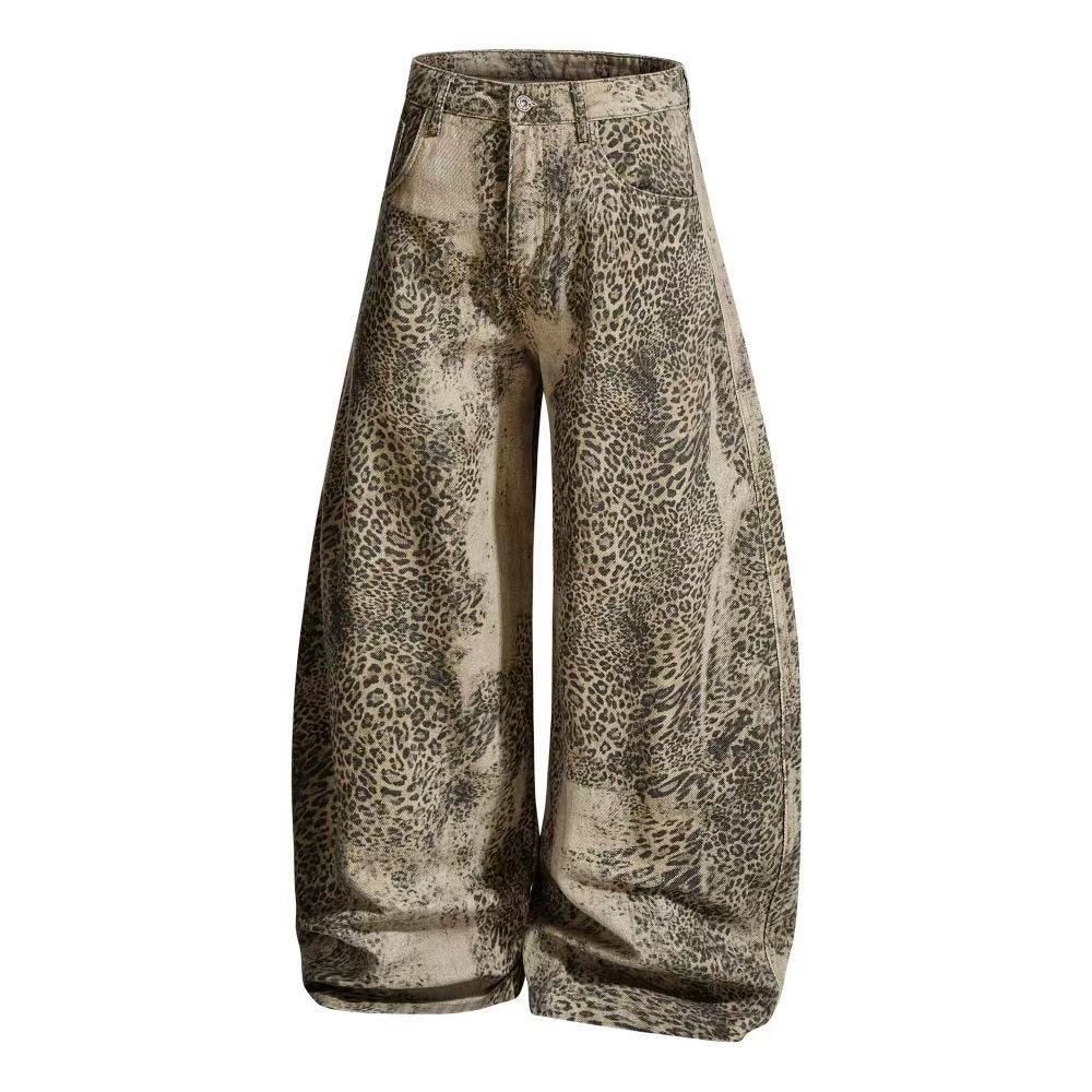Vintage Leopard Print Baggy Wide Leg Jeans