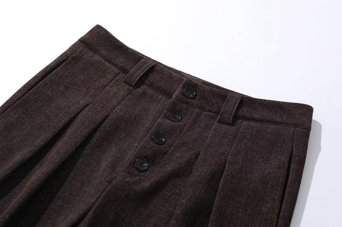High Waist Button Front Pleated Wide Leg Wool Blend Suit Pants