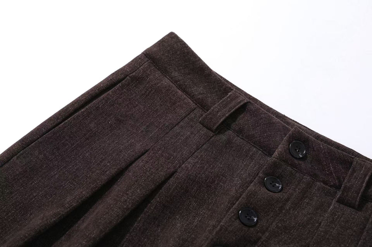High Waist Button Front Pleated Wide Leg Wool Blend Suit Pants