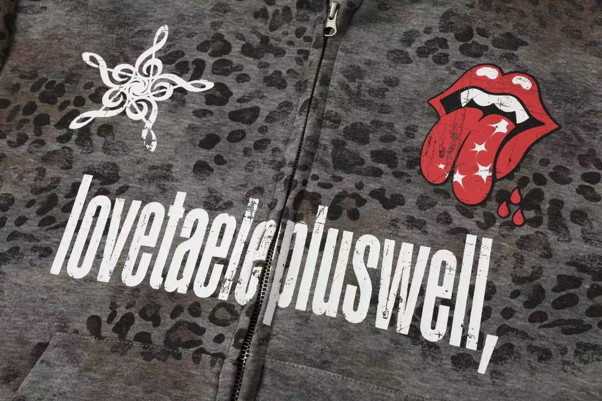 Vintage Leopard Print Graphic Zip-Up Hoodie