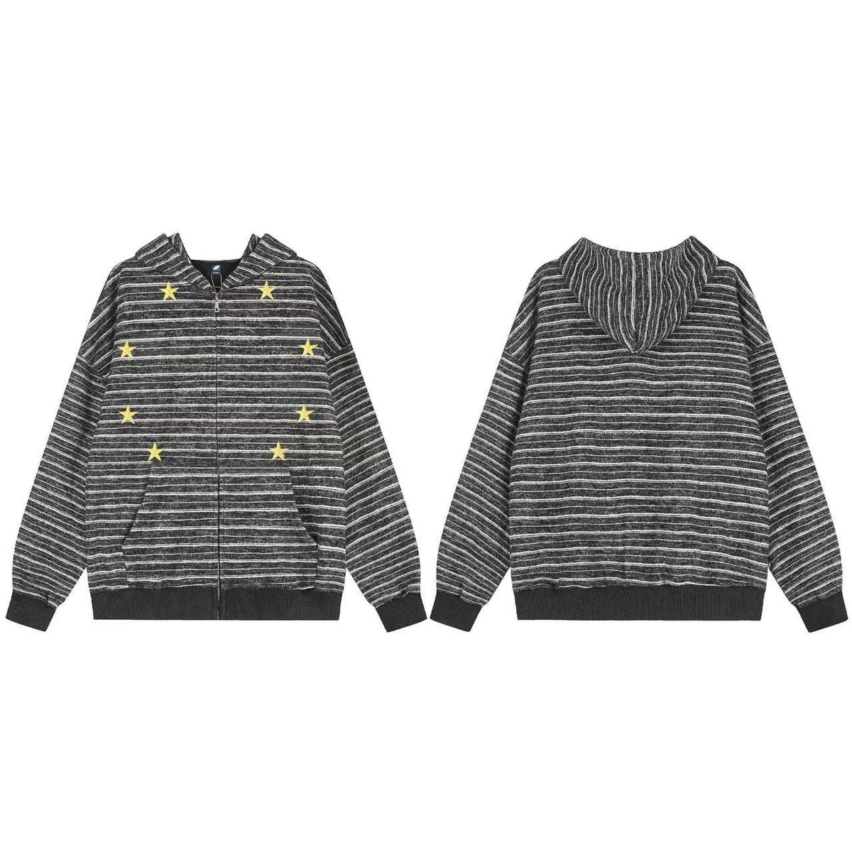 Striped Star Embroidery Zip-Up Hoodie