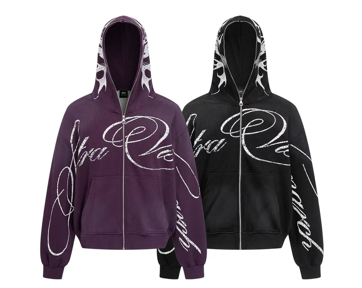 Streetwear Cursive Script Graffiti Full Zip Hoodie